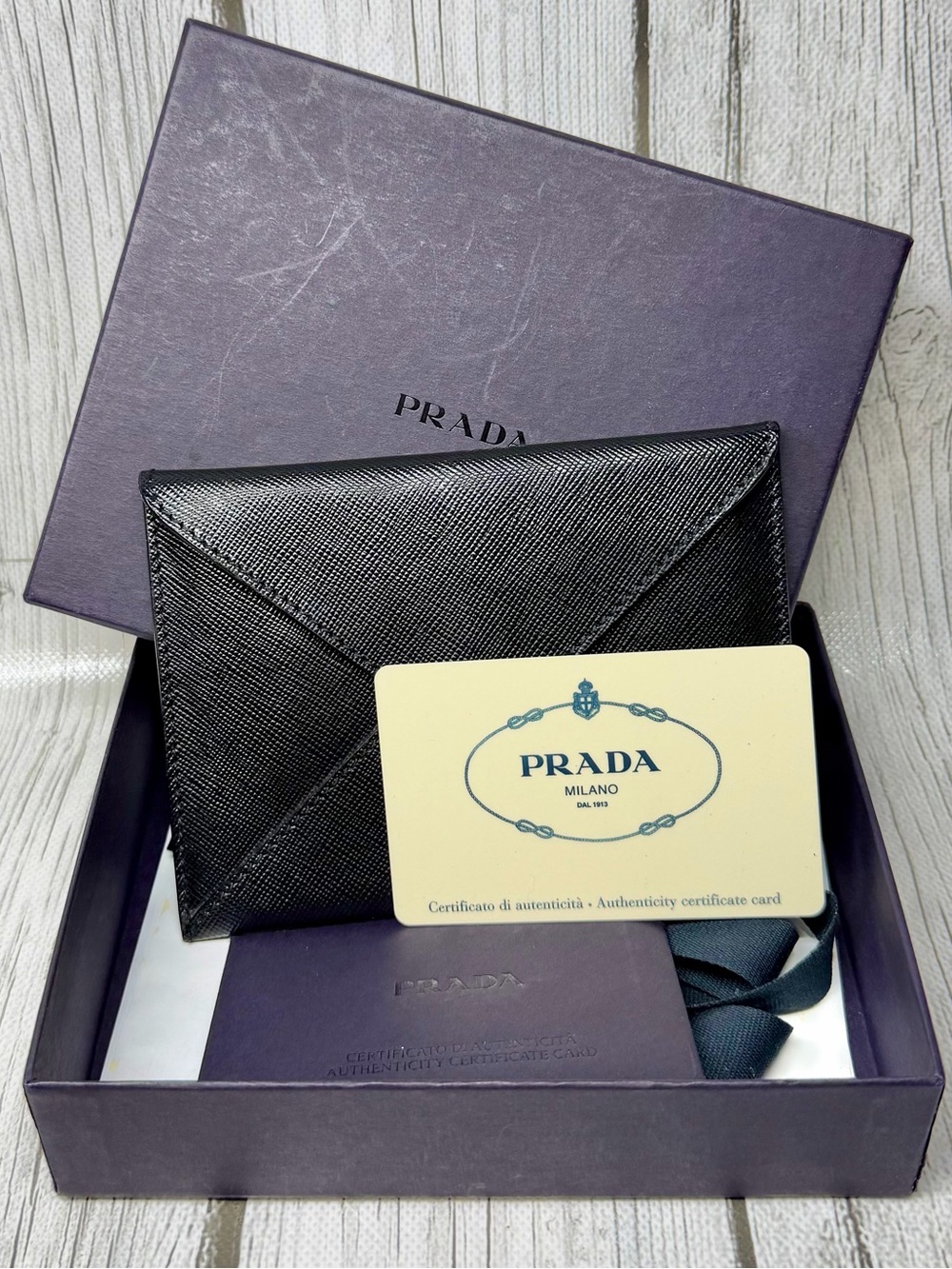 PRE LOVED Prada Black Saffiano Leather Envelope Wallet Clutch